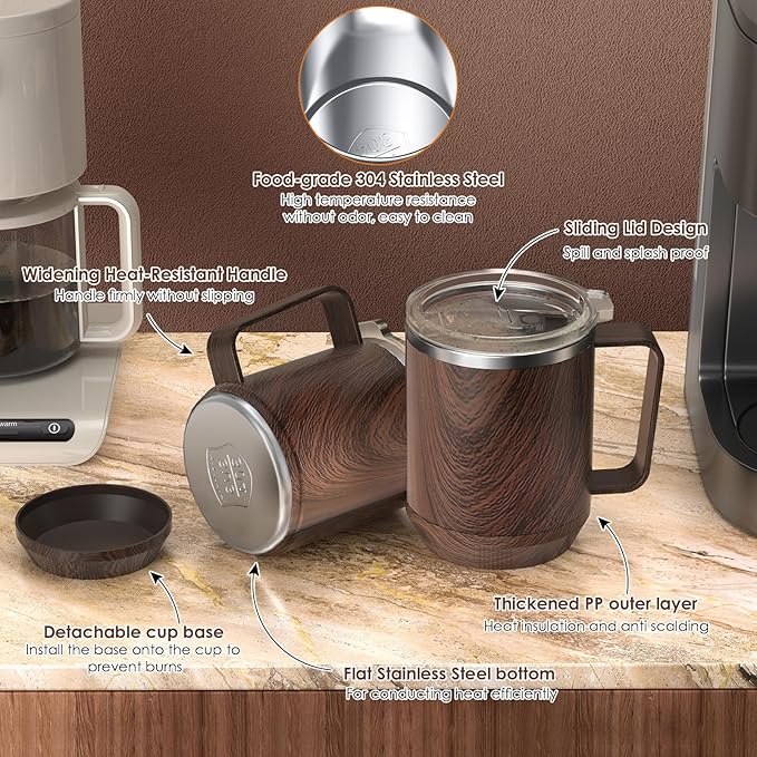 Felibeaco 16oz Heated Coffee Mug With Flat Bottom for Rapid Heating, Stainless Steel Cup for Different Warmer/Heaters, Suitable for Home and Office Desk, Wood, No Warmer