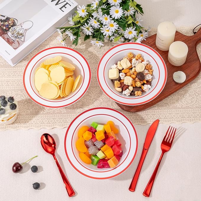Goodluck 50 Pack Plastic Bowls with Red Rim, 12oz Disposable Soup Bowls, Heavy Duty Dessert Bowls for Weddings, Parties, Christmas Dinners, Catering, Thanksgiving and Everyday Use