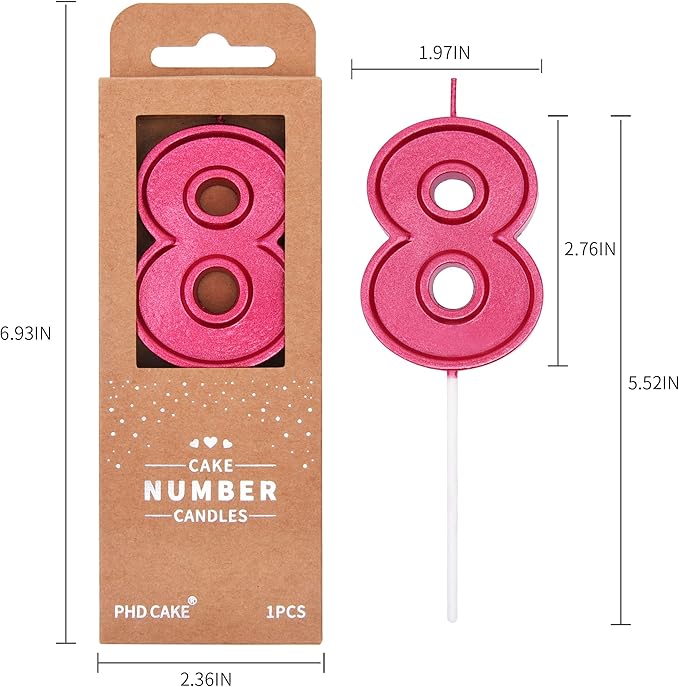 PHD CAKE 2.76 Inch Luxe Red 8 Number Birthday Candles, Red Number Candles, Cake Number Candles, Party Celebration