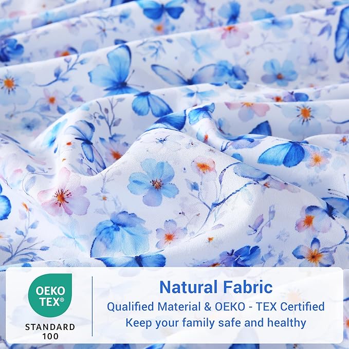 Softan King Floral Sheets, Microfiber Blue Flower Printed Fitted Sheets with Non-Slip Corner Straps and 15" Deep Pocket, Butterfly Patterned Cozy King Bed Sheets & Pillowcase Sets