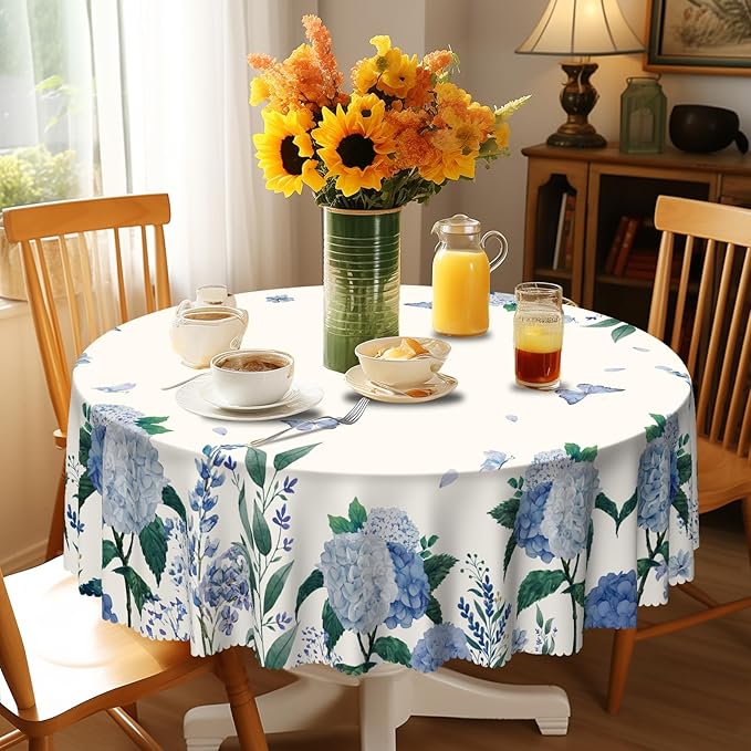 Eikione Round Tablecloth, Summer Tablecloths Polyester Waterproof Stain Wrinkle Free, Indoor and Outdoor Table Cover for Kitchen Party Dining Table