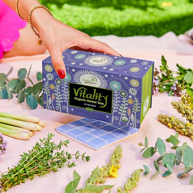 Adanim Bio Vitality Organic Herbal Tea Sampler Gift Set Caffeine Free 8 Flavors Variety Pack 64 Individually Wrapped Tea Bags for Gifting