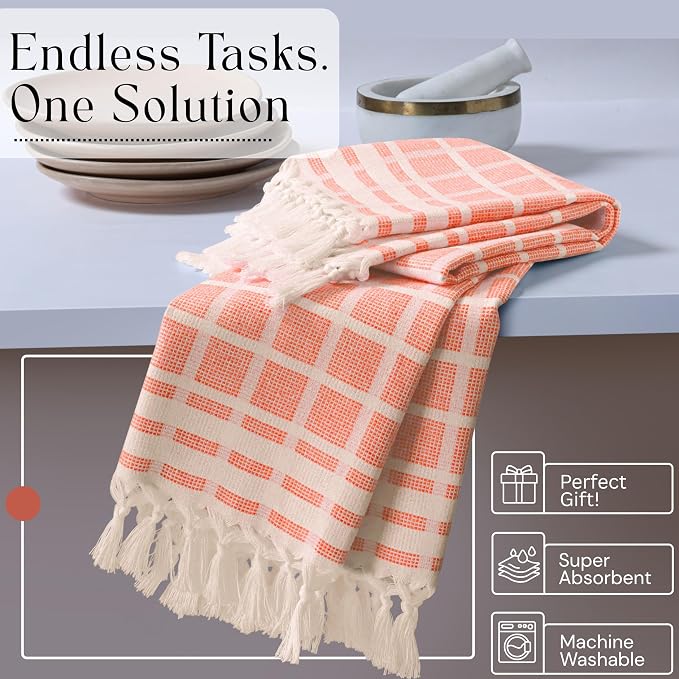 Matrix Dobby Kitchen Towels 4 Pack 100% Cotton, 16x26 Inches, Decorative Tea Towels with Handmade Tassels, Absorbent, Reusable Dish Cloths for Drying Dishes - Bright Orange, Natural