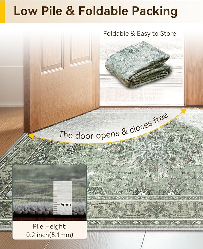Area Rugs 3'x6' Runner Rug Non Slip Washable for Kitchen Hallway Bedroom Beside Laundry Room Bathroom Rug, Floor Carpet, Dark Green Gray