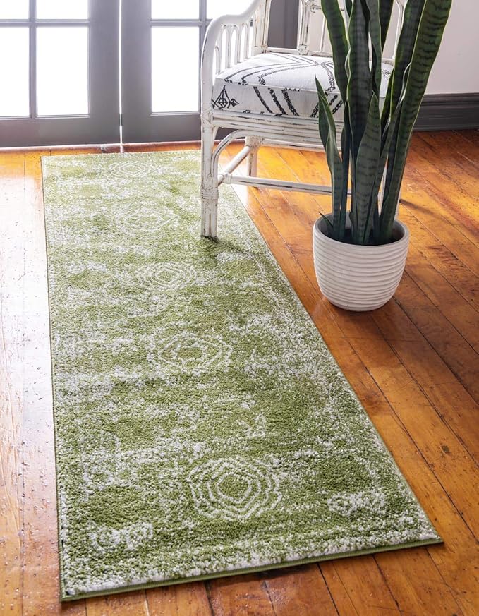 Unique Loom Bromley Collection Area Rug - Wells (2' x 8' Runner, Green/ Ivory)