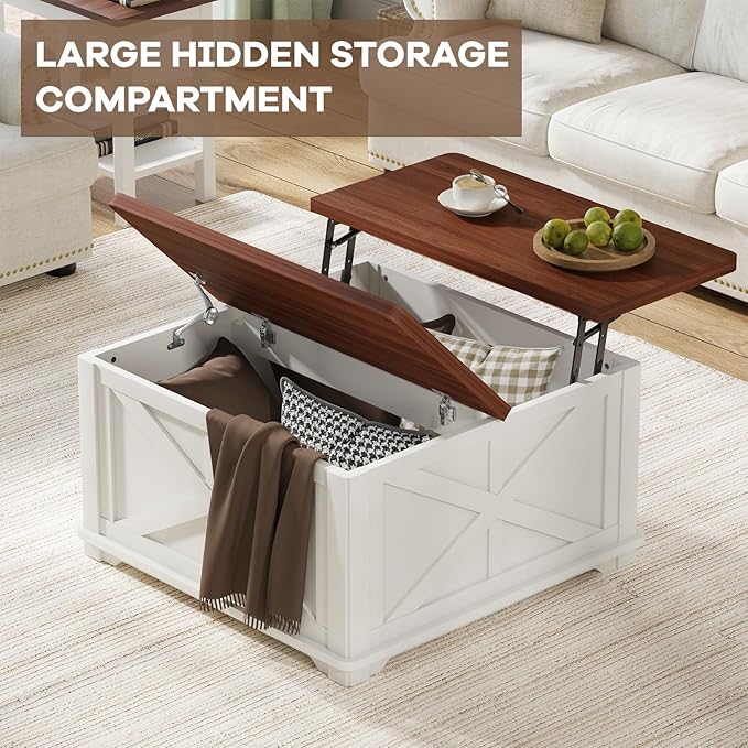Airynee Farmhouse Coffee Table, 31.5" Lift Top Coffee Table with Storage, Square Coffee Tables for Living Room, Wooden Coffee Tables with Brown Flip-Top Lids for Home Office, White