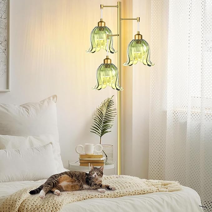 QIYIZM Gold Floor Lamp for Living Room,Bedroom,Tree 3 Light Standing Lamp Mid Century Modern Brass Tall Floor Lamps Vintage Retro Floor Lights Green Glass Flower Lamp Shade Farmhouse Boho Bohemian