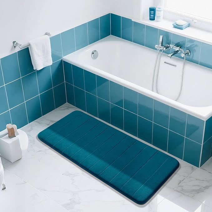 Yimobra Long Bath Mat 44"x24", Super Soft Quick Dry Memory Foam Bathroom Rug, Water Absorbent, Non Slip Backing Machine Washable for Tub Shower, Thick Comfort Support, Peacock Blue