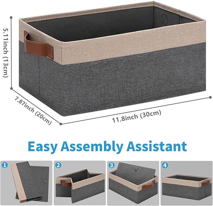 GhvyenntteS Small Fabric Storage Bins 6 Pack, 11.8" x 7.87" x 5.11" Storage Basket with Leather Handles, Closet Storage Bins for Shelves, Storage Baskets for Shelves, DVD Storage (Grey/Beige Yellow)