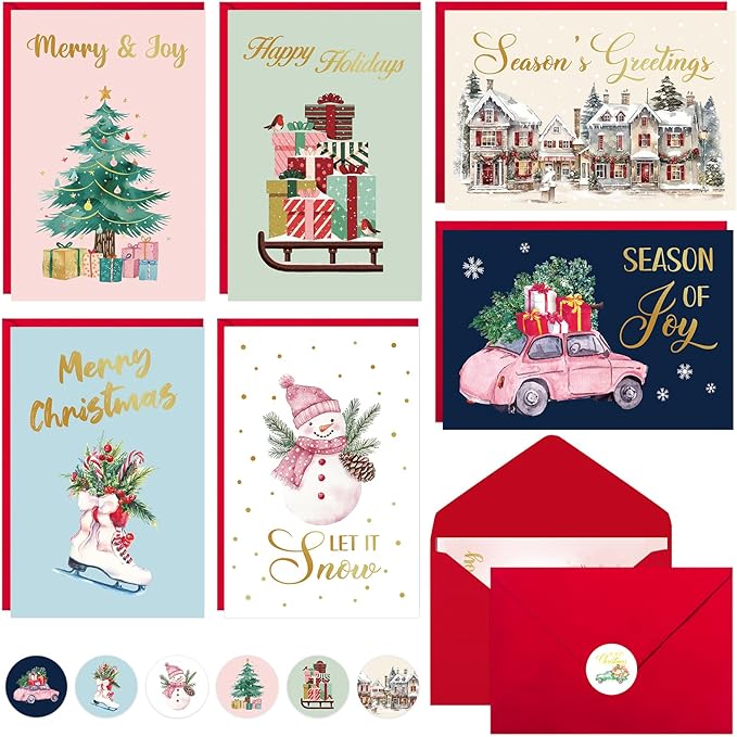 Thboxes Christmas Cards, 36 Pack Merry Christmas Cards with Envelopes & Stickers, 4x6 Inch Holiday Card, 6 Assorted Designs Greeting Card for Xmas