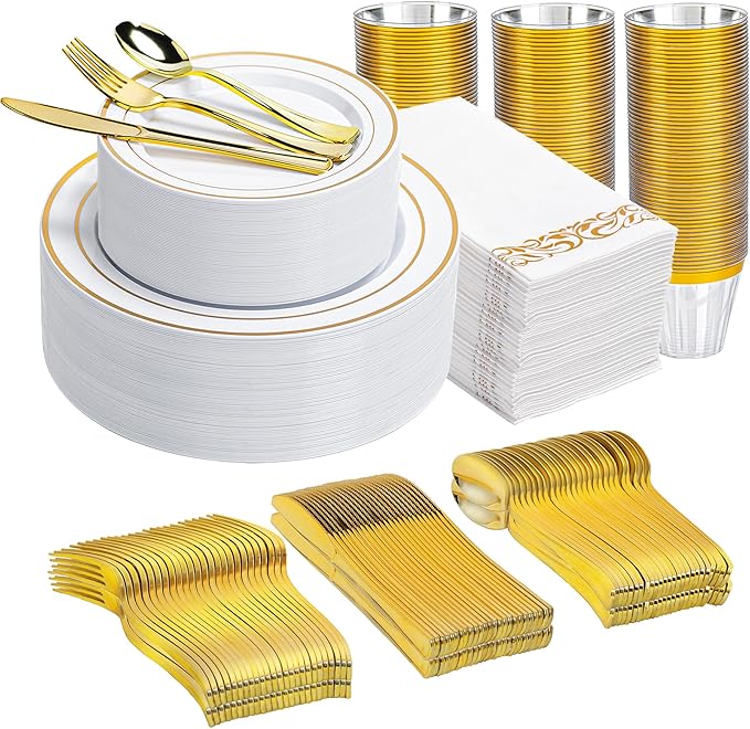 N9R 700PCS Gold Disposable Dinnerware Set for 100 Guests, White Plastic Plates with Gold Rim, Include 100 Dinner & Dessert Plates, Plastic Silverware Set, Cups, Napkins for Party and Wedding