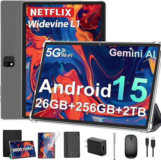 JJGJ 2026 Android 15 Tablet with Keyboard, 26GB+256GB, 2TB Expand, 10 Inch Tablet with Octa-Core, 8000mAh, 5G WiFi, BT5.0, Widevine L1, Gemini AI, 2-in-1 Tablets with Case, Mouse, Stylus(Black Case)