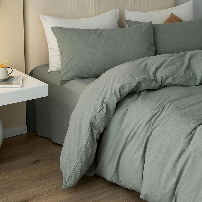 JIYUAN 100% Washed Cotton Duvet Cover Set 2 Pieces Twin, 1 Duvet Cover 68x90 Inches(Comforter Not Included) and 1 Pillowcases,Linen Feel Bedding Set Comfy and Breathable, Heathered Green