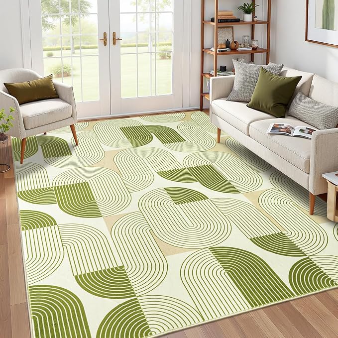 9x12 Area Rugs for Living Room, Washable Green Rug for Bedroom, Soft Mid Century Modern Rug, Non Slip Indoor Floor Low Pile Abstract Carpet for Dining Room Nursery Office Home