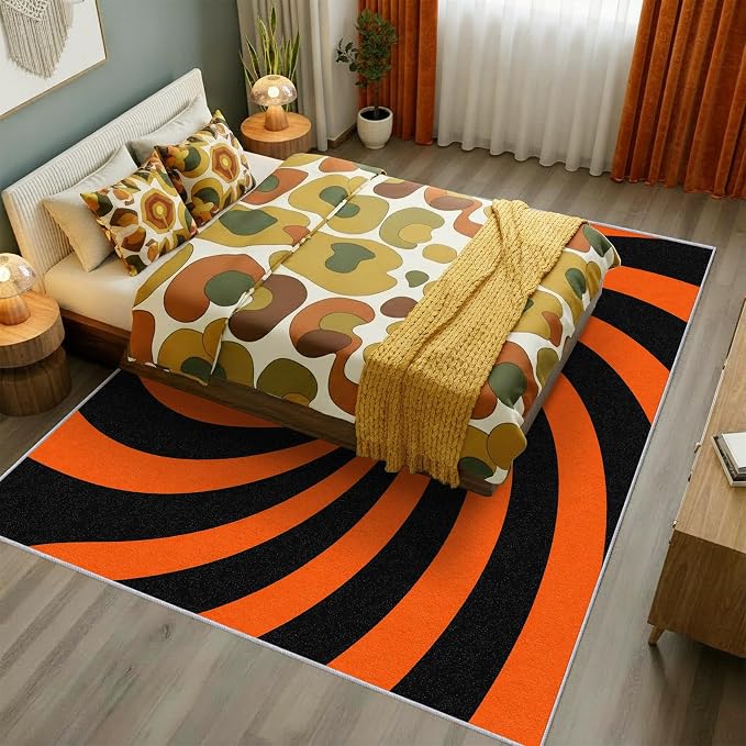 70s Rug 6x8 Swirl Abstract Black Orange Striped Pattern Area Rugs for Living Room, Bedroom, 70s Home Decor Accessories Indoor Carpet, Non Slip & Machine Washable, GD0378