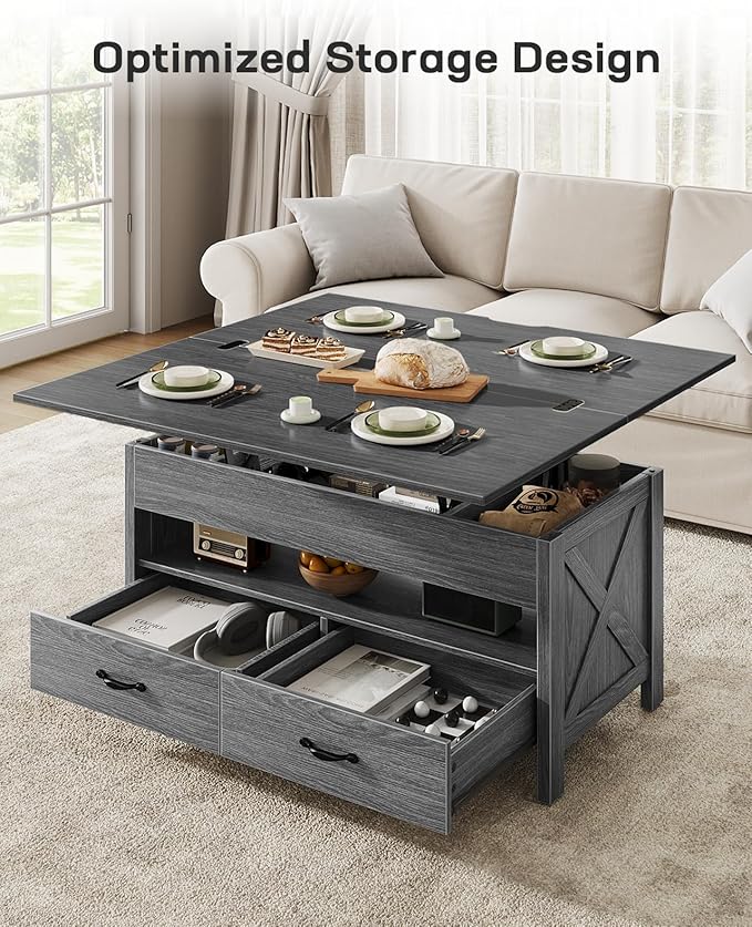 Marsail 40" Lift Top Coffee Table, 4 in 1 Coffee Table with Hidden Compartment, 1 Open Shelf and 2 Drawers, Multifunctional Farmhouse Center Table for Living Room and Home Office, Gray