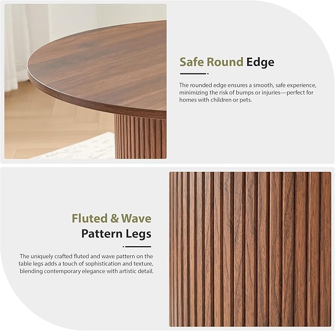 31.5" Round Dining Table for 2-4, Modern Farmhouse Kitchen Table with 2-Tier Storage Shelf, Small Wooden Circle Dining Tables with Fluted Base for Home Dining Room Living Room (Walnut)