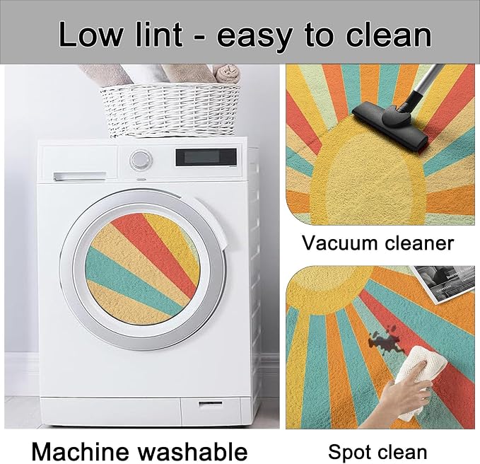 2x3 Washable Area Rug, Colorful Retro Sunburst Stripes Design Non Slip Non-Shedding Rug Easy Care for Living Room Bedroom Kitchen Office Carpet