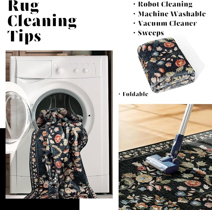 MUJOO 5x7 Area Rugs Washable,Black Floral Rugs for Living Room Bedroom Dining Room Playroom,Boho Indoor Floor Rug Large Non Slip Throw Carpet Low Pile Vintage