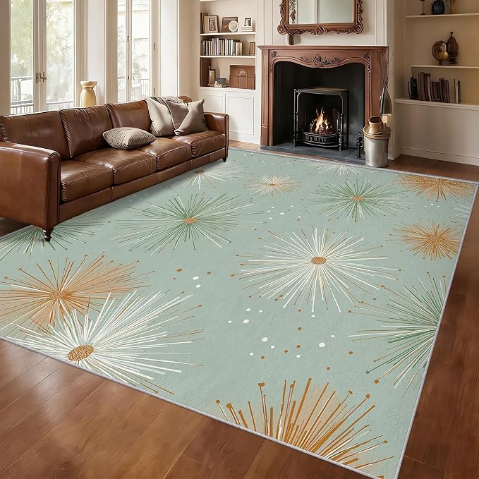 Mid Century Modern Rugs for Bedroom 5x8 ft, Starburst Area Rugs for Living Room, Washable Non Slip Low Pile Retro Atom Carpet, Home Decor PF-P 107