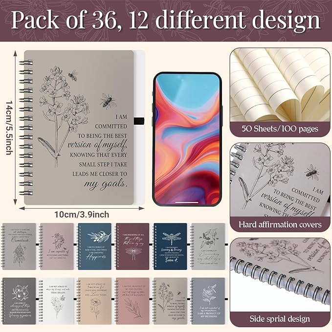 Kosiz 72 Pcs/36 Set Positive Affirmation Gifts Gratitude Spiral Notebooks with Pens Motivational Encouragement Notepads Daily Affirmations Journal for Women Valentine Galentine Gifts (Simple)