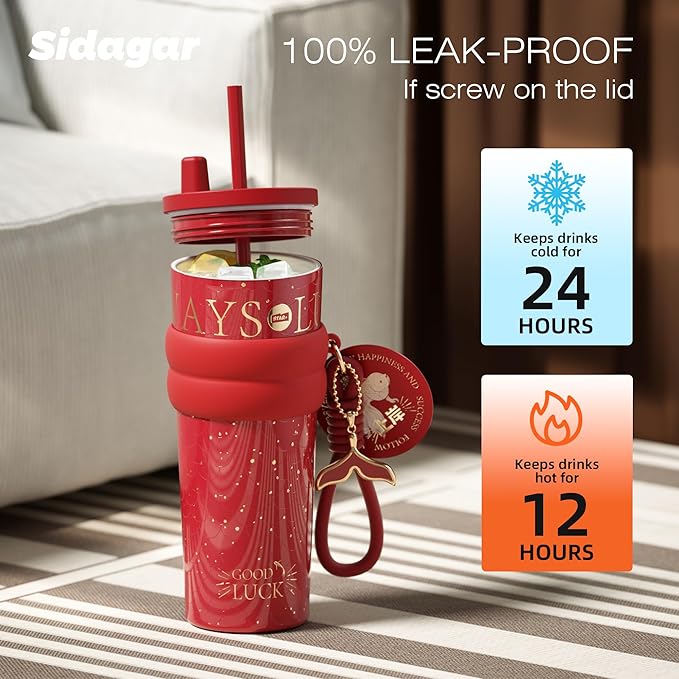 24 oz Tumbler with Lid and Straw, Insulated Coffee Mug Leak Proof, Portable Iced Travel Water Bottle, Reusable Thermal Coffee Cup, Gifts for Women, Scarlet Red
