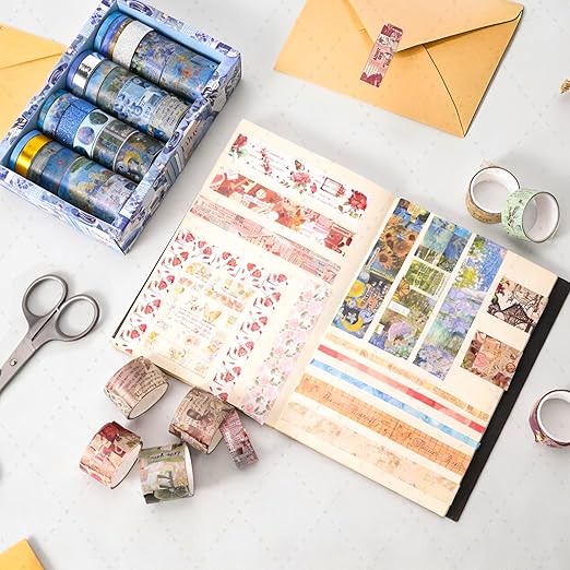 FTTELK 24 Rolls Vintage Washi Tape Set,Glitter Floral Decorative Adhesive Tape for Scrapbooking Supplies,Junk Journal,DIY Crafts,Planners and Gift Wrapping(Retro Medieval Series)