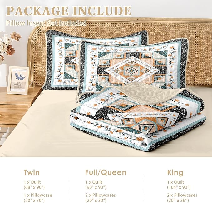 Quilt Set King Size, Farmhouse Floral 3 Pcs Soft Bed Cover Bedding Set, Boho Rustic Geometric Lightweight Bedspread Coverlet with 2 Pillow Sham for All Season