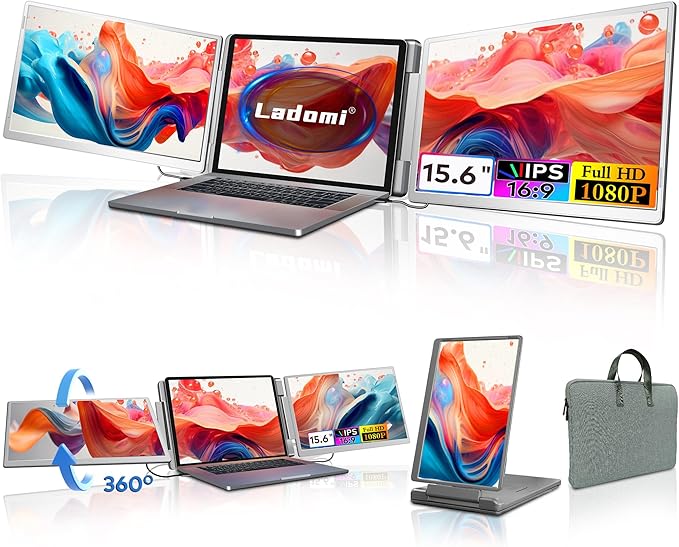 Laptop Screen Extender, 15.6" FHD Laptop Monitor Extender, Triple Portable Monitor for 12"-18.5" Laptops, Plug & Play, 360° Rotation Screen, Compatible with MacOS/Wins/Switch/Surface