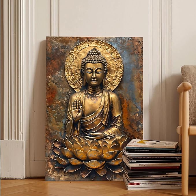 Buddha Wall Art Golden Buddha in Lotus Seat Serene spiritual statue radiant aura Meditation and mindfulness wall art suitable for sacred spaces 32x48in Frameless