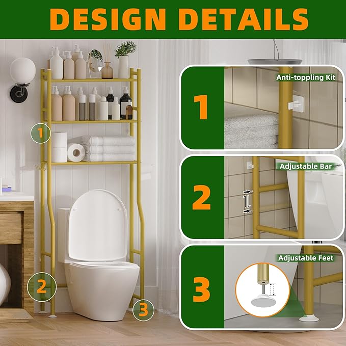 3-Tier Over Toilet Storage with Anti-Tilt Safety System - 150lb Total Capacity Metal Bathroom Shelves Including Paper Holder & 4 Hooks, Space Saving Above Commode Organizer (64" H, Gold)