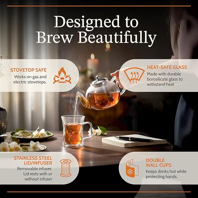 James Bentley Glass Coffee and Tea Set – Borosilicate Glass Teapot Set for Adults with 40oz Teapot & 4 Insulated Glasses, Stainless Steel Strainer for Bags and Loose Tea– Microwave, Dishwasher Safe