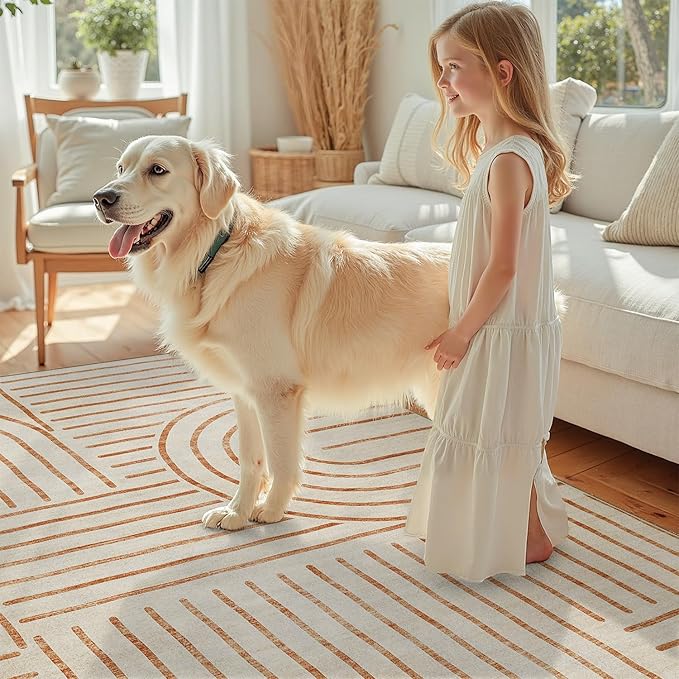 DCX Beige Machine Washable Area Rug 4x6, Midcentury Modern Non Slip Stain Resistant Rug 4x6 for Living Room, Bedroom, Dining Room, Soft Low Pile Large Carpet