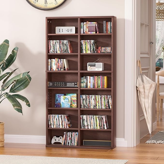 LELELINKY 7 Tier Tall Display Cabinet, Walnut Media Storage Cabinet with Adjustable Shelves, Free Standing DVD Organizer Shelf, Floor Multimedia Storage Manga Bookshelf for Living Room & Home Office.