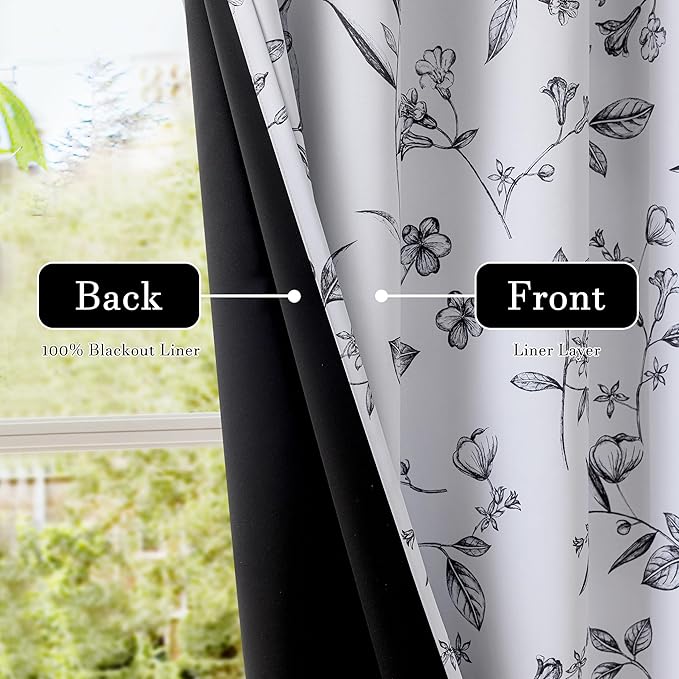 ChrisDowa 100% Blackout Floral Curtains 63 Inches Long 2 Panels for Bedroom Living Room Black Flower Patterned Room Darkening Thermal Insulated Soundproof Grommet Window Treatments Drapes,52X63