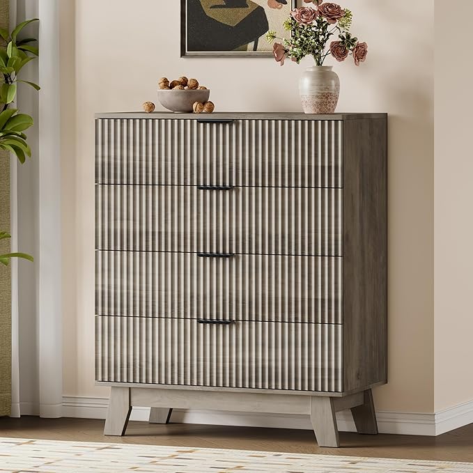 BORNOON 39" Tall Dresser for Bedroom, 4-Drawer Fluted Chest of Drawers, Modern Wood Highboy with Deep Storage, Metal Slides & Handles, Anti-Tip Kit, Vertical Clothes Organizer for Apartment, Nursery