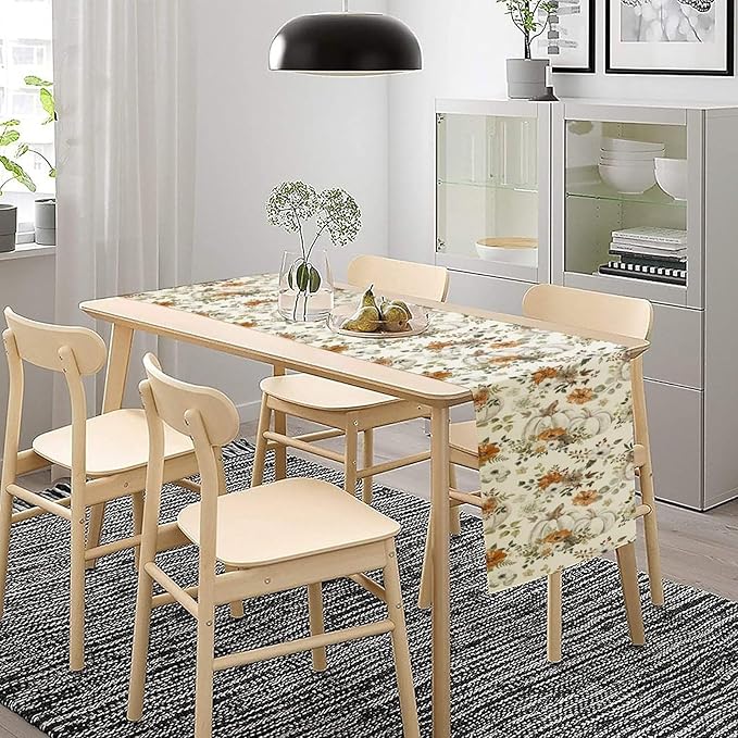 Fall Pumpkin Table Runner Rustic Floral Watercolor Plants White Vegetables Flowers Pastoral Theme Home Decor for Farmhouse Indoor Outdoor Party Holiday Dining Kitchen Restaurant Cafe W13xL72in
