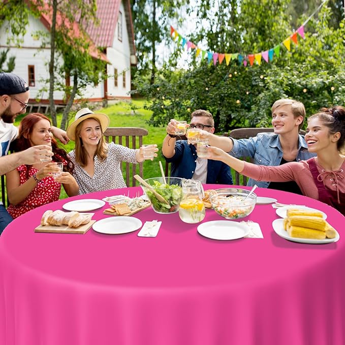 MASHAN 12 Pack Round Plastic Pink Tablecloths Disposable Pastel Pink Table Cloth Round Table Covers for Valentines Day Bridal Engagement Wedding Galentines Party Decorations,84 Inch