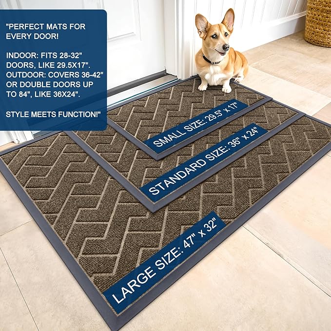 OLANLY Front Door Mat Indoor Outdoor Entrance, Waterproof All-Season, All-Weather Doormat, Sturdy Natural Rubber, Low Profile, Easy Clean Patio Porch Entryway Mat, Herringbone Brick (Brown, 47x17)