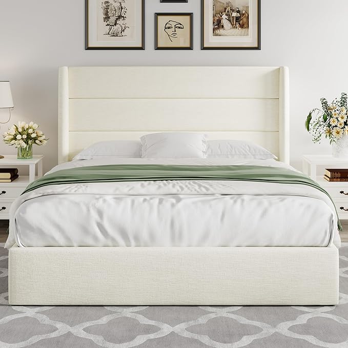 Allewie Full Size Lift Up Storage Bed, Chenille Fabric Upholstered, Modern Wingback Headboard, Hydraulic Support, No Box Spring Needed, Cream White