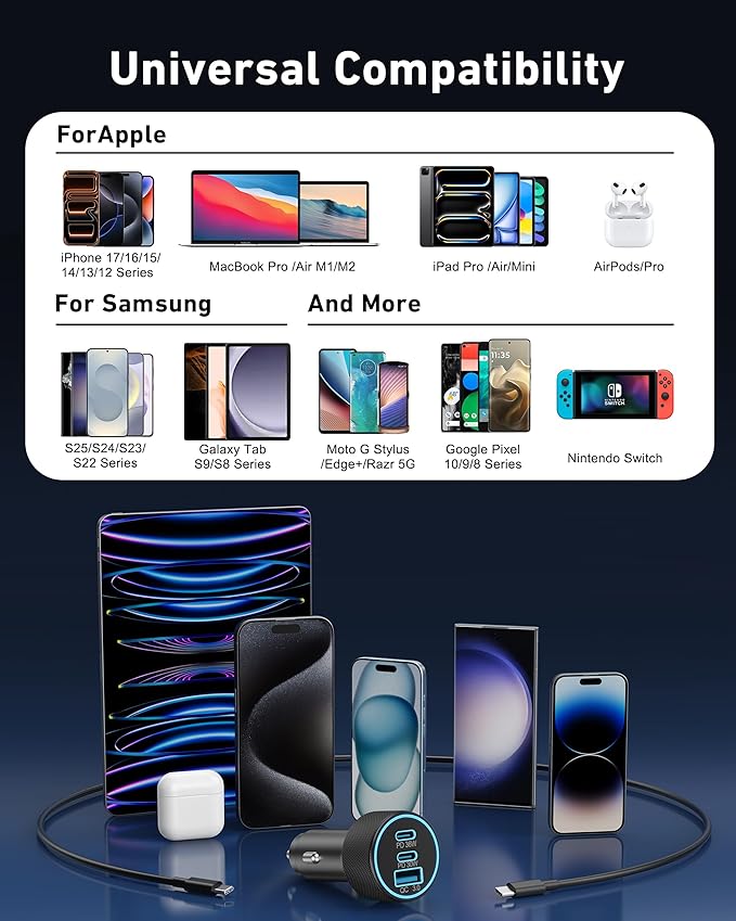 67W 3-Port Super Fast Type C Car Charger USB C for Samsung Galaxy S25 S24 S23 S22 S21 Ultra, iPhone 17/Air/16/15 Pro Max, Android, PD/QC Car Phone Adapter Accessories for Men Women + 3FT USB-C Cable