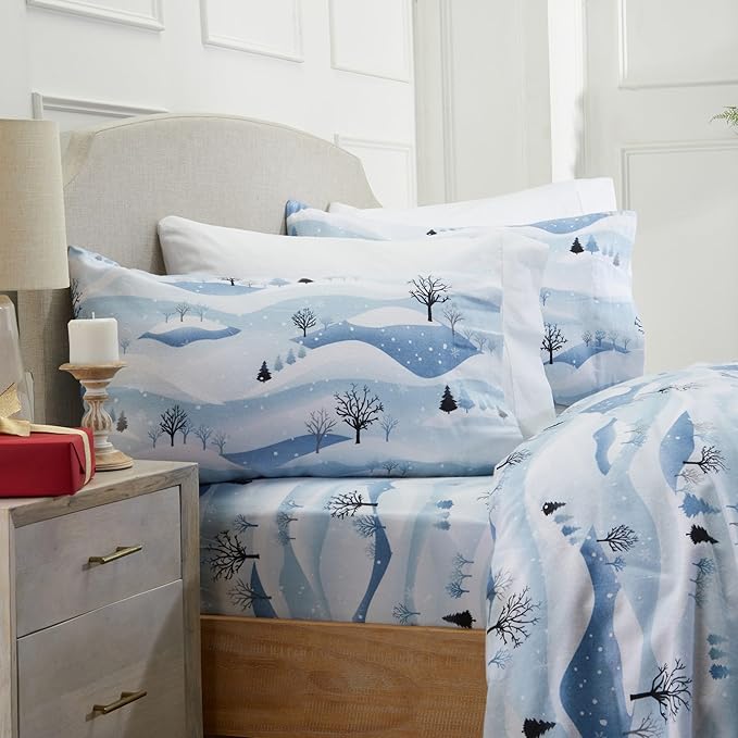 Market & Place 100% Cotton Full Flannel Sheet Set | 4 Piece Deep Pocket Novelty Cozy Winter Bed Sheets | Double Brushed for Extra Softness & Comfort | Alpine Collection (Full, Winter Landscape)