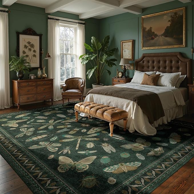 DCX 8x10 Washable Insect Rug, Vintage Gothic Dark Green Rug with Non-Slip Rubber Backing, Soft Low-Pile, Stain-Resistant, Kid & Pet Friendly, for Living Room, Bedroom, Office, and Nature-Themed Decor