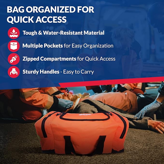 Fully Stocked Trauma First Aid Kit – First Responder II Bag with Tools, Gauze, Bandages, Scissors & Gloves – Compact & Portable – OSHA and ANSI Compliant – Orange