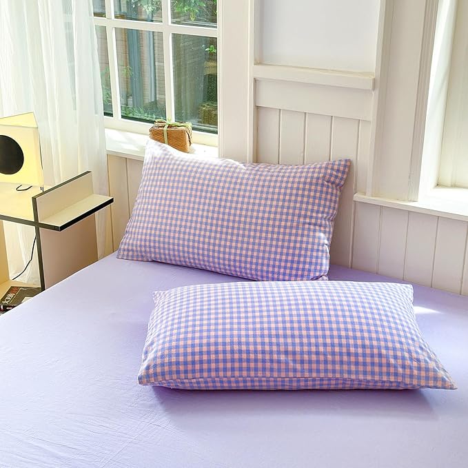 LifeTB Twin XL Comforter Set Purple Gingham Comforter with 2 Pillowcases Purple Pink Grid Plaid Comforter Set for Girls Women Fluffy Soft Lightweight Bedding Set Fluffy Checkered Comforter Twin XL