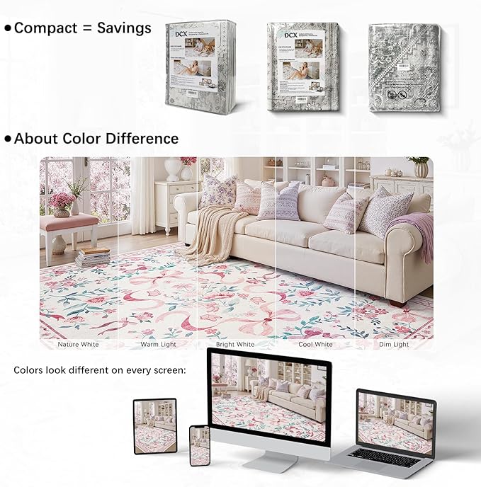 DCX Pink 2x6 Runner Rug, Machine Washable with Non Slip Backing Vintage Floral Hallway Bow Rug Soft Low Pile Stain Resistant, Kitchen, Bathroom, Front Door