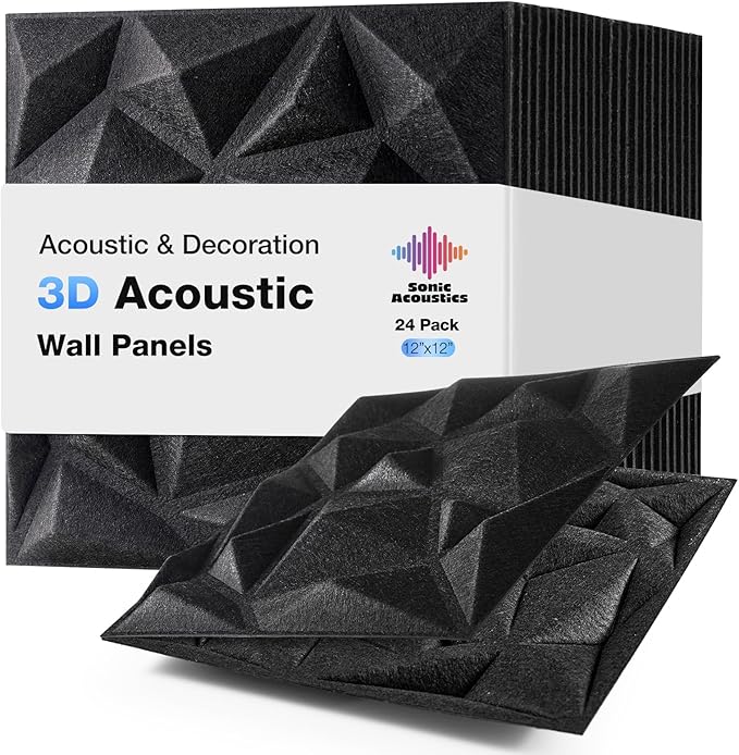Acoustic 3D Wall Panels,24 Pack Sound Proof Felt Panels for Interior Wall Décor, Hollow Sound Absorbing Panel for Studio, Living Room, Home, Hotel, 12''x12'' Cover 24 sq ft (Black, 24 Pack)