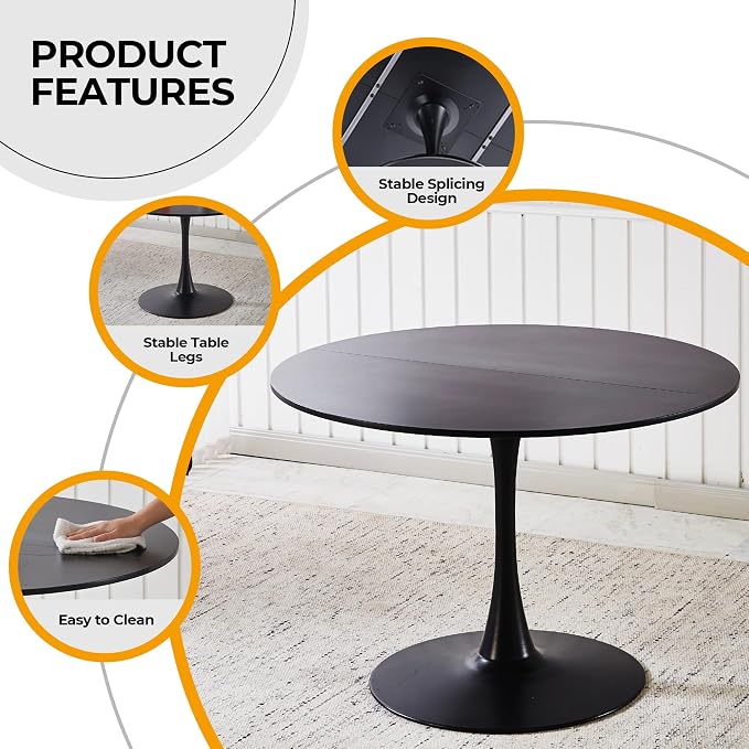 42" Tulip Table for 4-6 Persons Modern Round Dining Room Table, Mid-Century Modern Black Small Kitchen Table with MDF Wooden Top, Leisure Coffee Table for Living Room, Dining Room, Office
