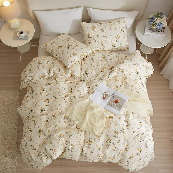 Vintage Yellow Floral Comforter Set King Garden Style Aesthetic Flower Comforter for King Bed Fluffy Lightweight Chic Botanical Floral Bedding Cottagecore Comforter Farmhouse Boho Comforter Set