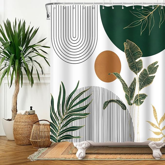 Mid Century Boho Modern Shower Curtain for Bathroom Abstract Sun Arch Geometric Leaves Minimalist Shower Curtain Set Waterproof Polyester Fabric 72x72 Inches